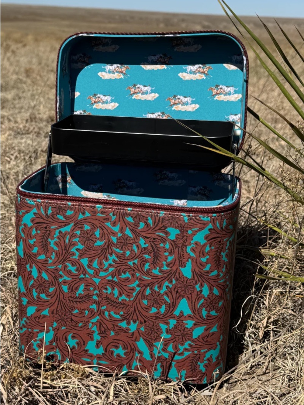 Turquoise and Brown Floral-Print Cosmetic Train Case with Top Handle - Picture 3 of 3
